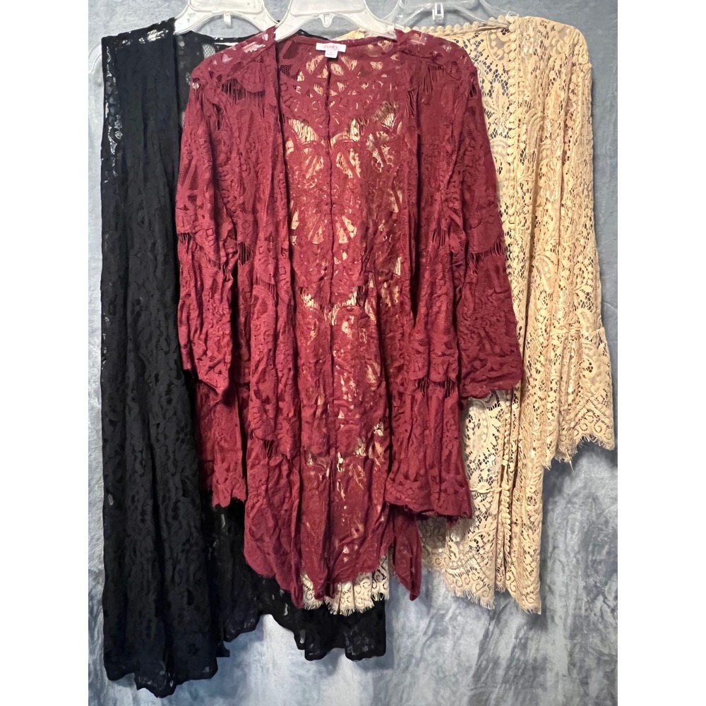 Plus Size Lace Kimono Whimsy Duster Lot 3 Burgundy Black Champagne Boho 22 24 XL